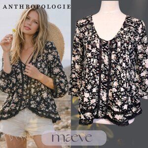 Anthropologie Maeve Black Bohemian Floral Blouse